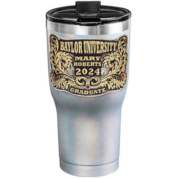 A customized tumbler made of stainless steel with a personalized engraved name and Baylor University lettering, 30 oz, ideal for coffee or cool drinks